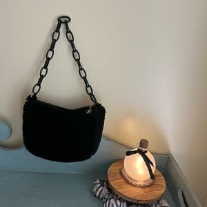 Fluffy Chained Black Baguette Bag